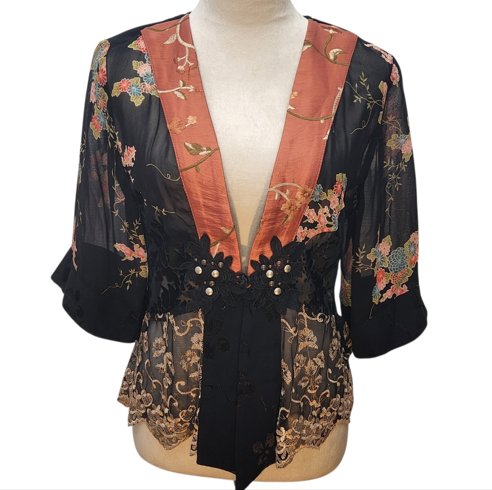 Vintage Spencer Alexis Floral Whimsigoth P/M Kimono Jacket Top Embroidered Boho